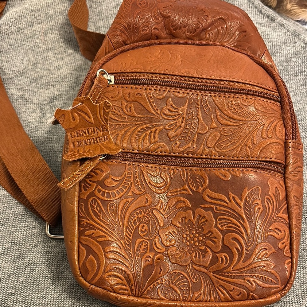 Brown Tooled Leather Belt Bag with Ornate Floral Design